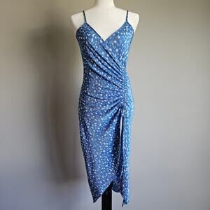 Don't Call Me Jennyfer Midi Dress Small Blue Floral Ruched Bodycon Butterfly Y2K